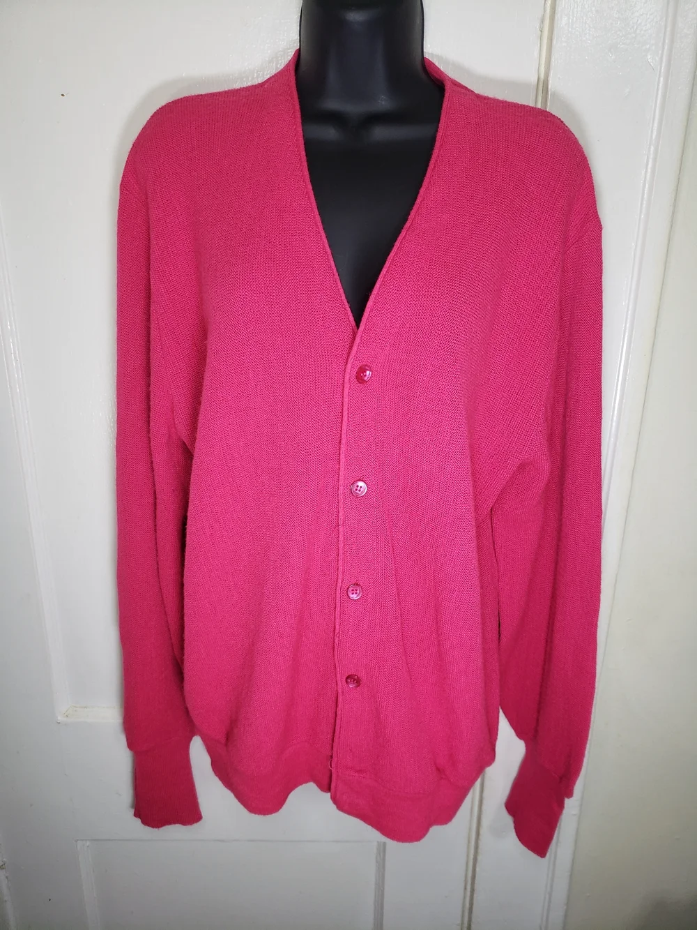 Jantzen Sweater Mens Large L Hot Pink Cardigan Button Front Knit Vintage - Picture 1 of 12